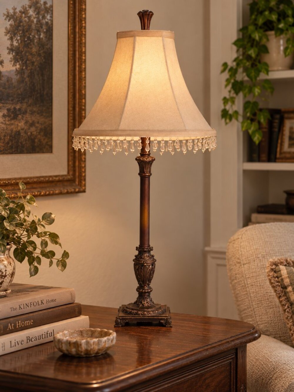Vintage Ornate Table Lamp with Crystal Fringe Shade – Approx. 34” Tall